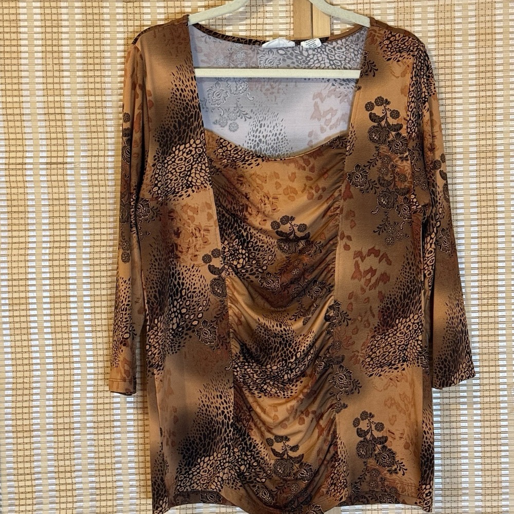 Allison Brittney Woman‎ XL Top Brown Animal Floral Boho Office Grannycore Silky